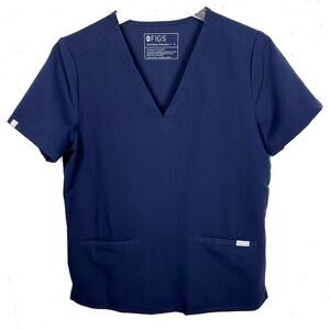 FIGS Womens Casma Classic Fit 3-Pocket V-Neck Scrub Top Blue Short Sleeve Small